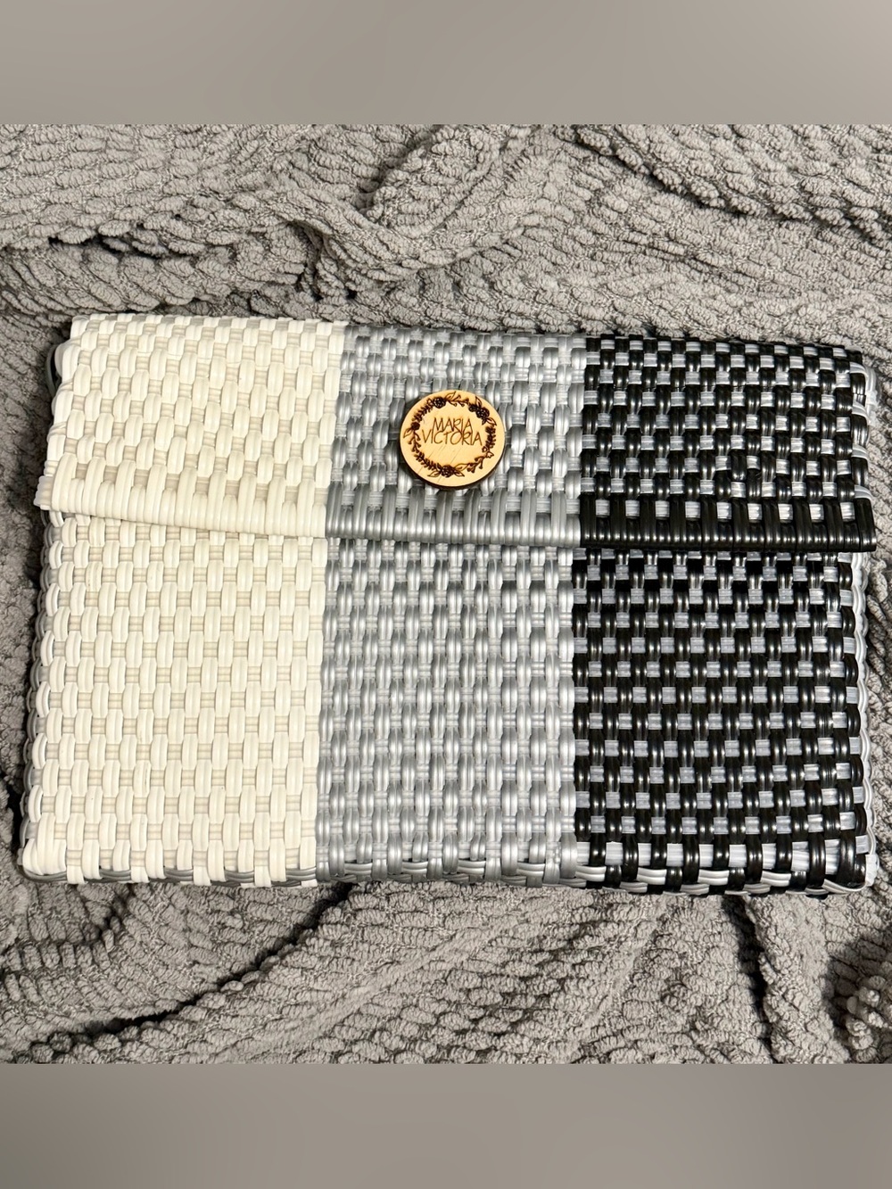 Maria Victoria Woven Clutch in Cream, Silver & Black
